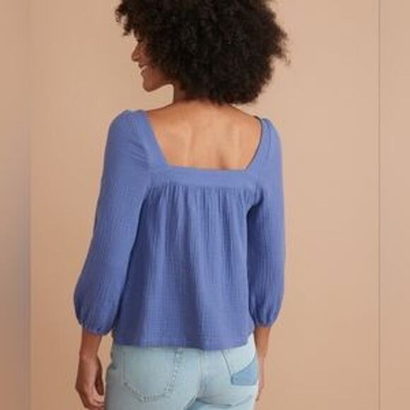 Marine Layer Annabella Square Neck Top Blue Marlin Crinkle Puff Sleeve Sz XS - Picture 2 of 8
